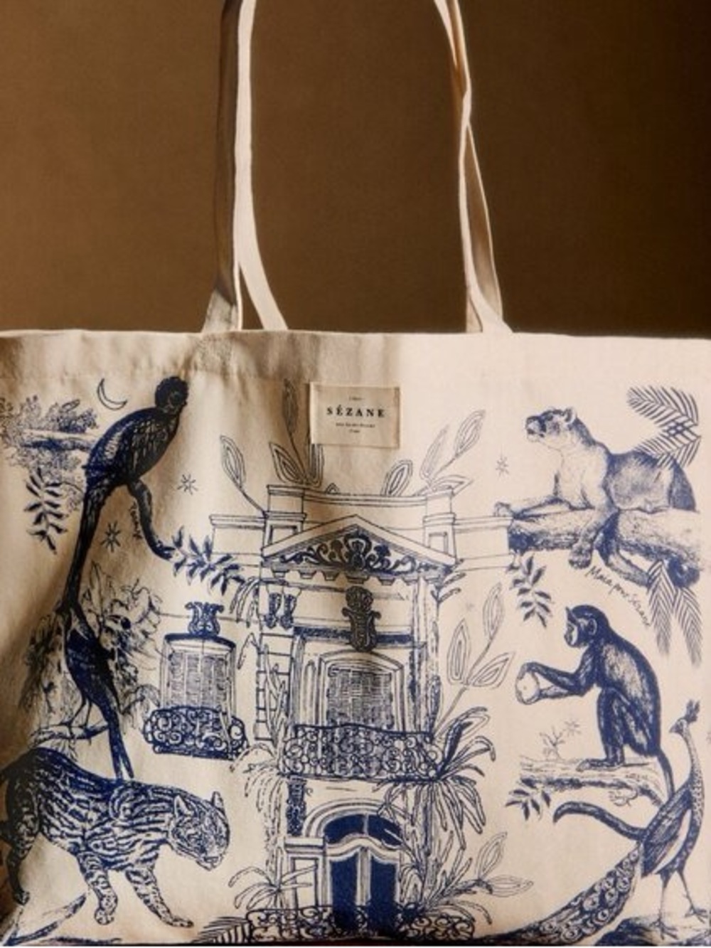 Sezane Paraiso Maia Navy and Cream Canvas Tote Bag
